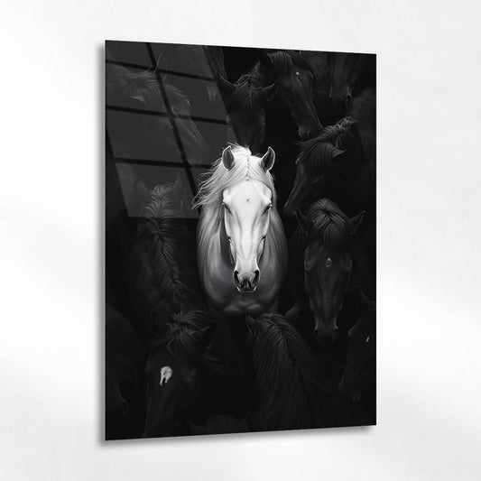 Beyaz At Siyah Sürreal Konsept Cam Tablo