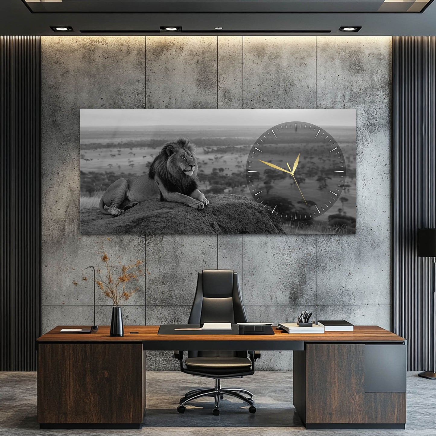 Modern Aslan Temalı Dekoratif Cam Saatli Tablo