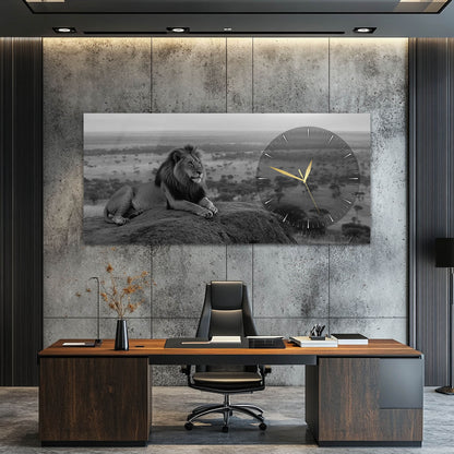 Modern Aslan Temalı Dekoratif Cam Saatli Tablo