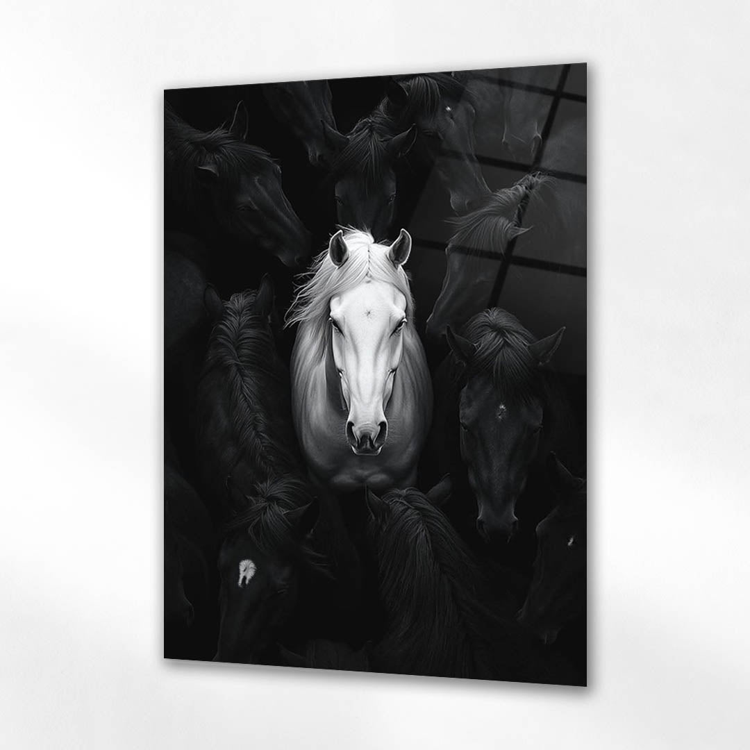 Beyaz At Siyah Sürreal Konsept Cam Tablo