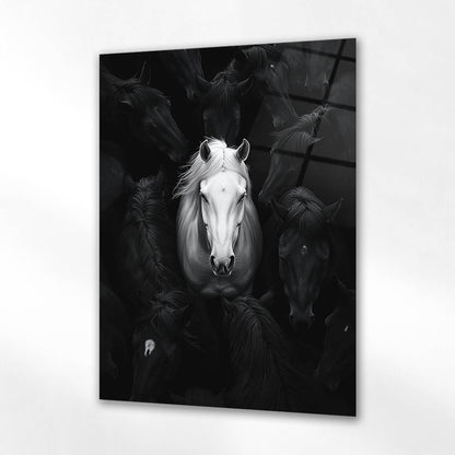 Beyaz At Siyah Sürreal Konsept Cam Tablo
