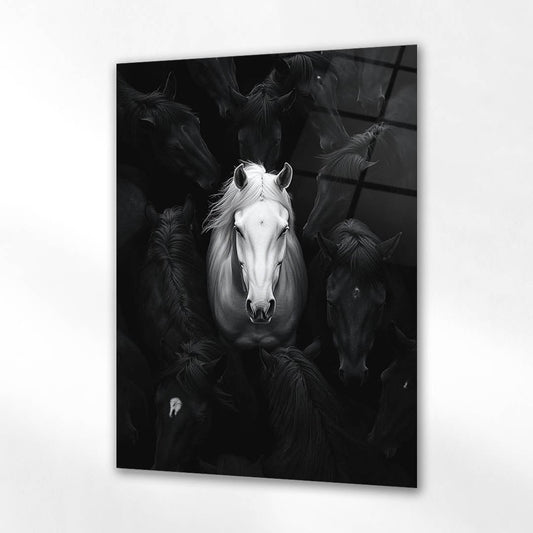 Beyaz At Siyah Sürreal Konsept Cam Tablo