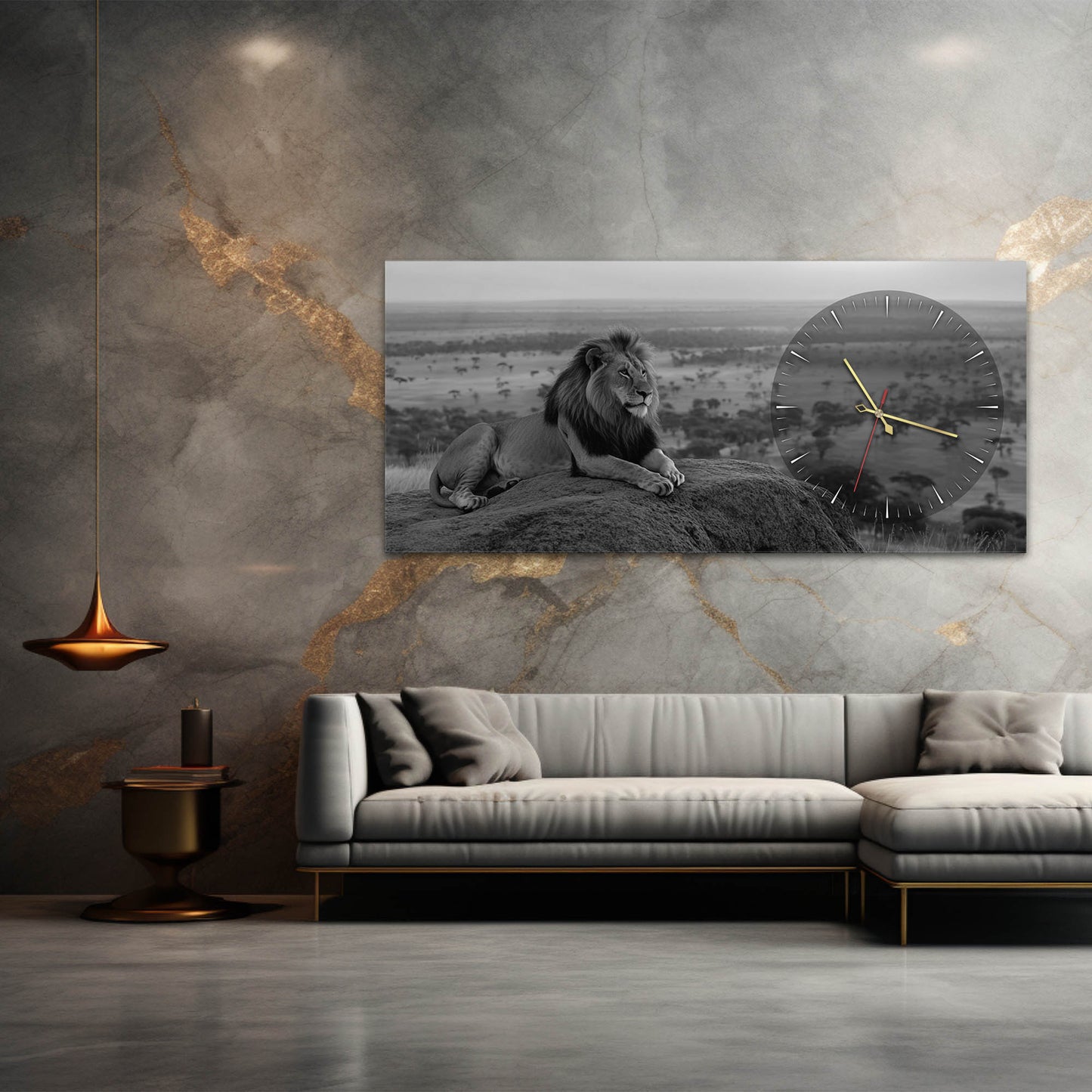 Modern Aslan Temalı Dekoratif Cam Saatli Tablo