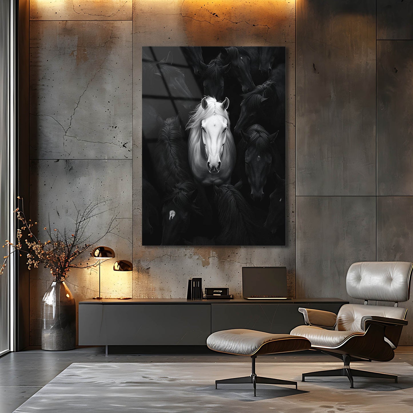 Beyaz At Siyah Sürreal Konsept Cam Tablo