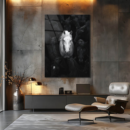 Beyaz At Siyah Sürreal Konsept Cam Tablo