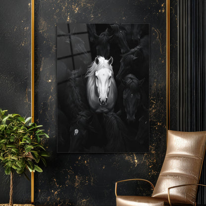 Beyaz At Siyah Sürreal Konsept Cam Tablo