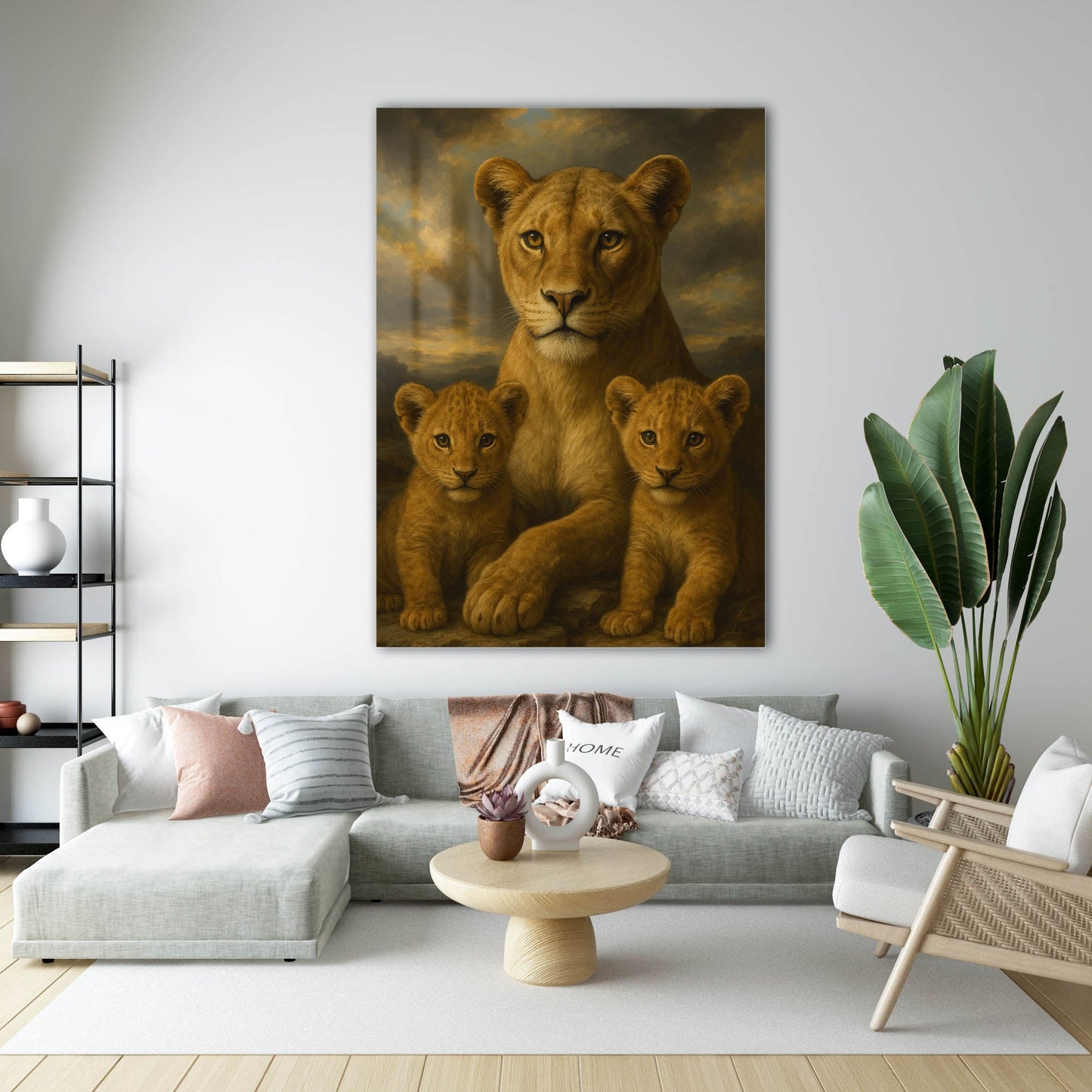 Aslan Anne ve Yavruları Klasik Cam Tablo