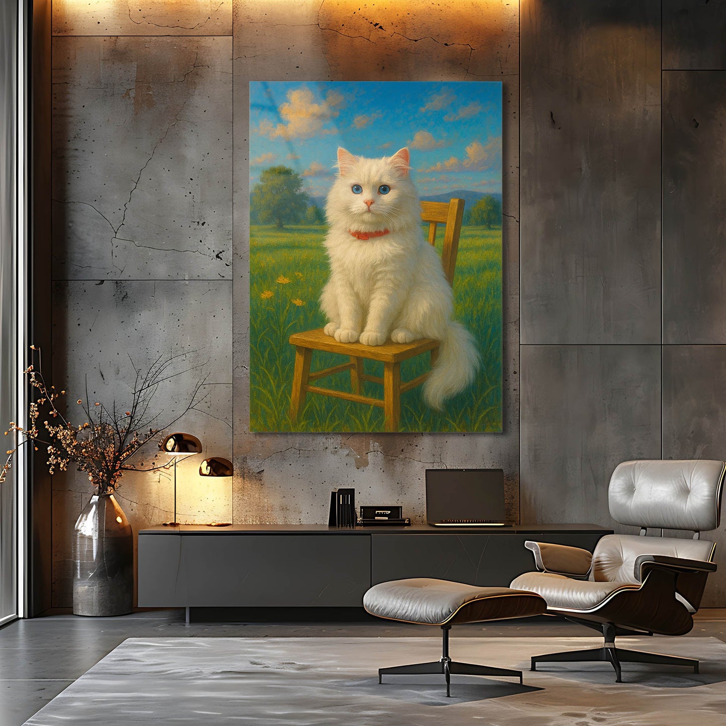 Mavi Gözlü Beyaz Kedi Doğa Cam Tablo