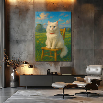 Mavi Gözlü Beyaz Kedi Doğa Cam Tablo