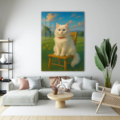 Mavi Gözlü Beyaz Kedi Doğa Cam Tablo