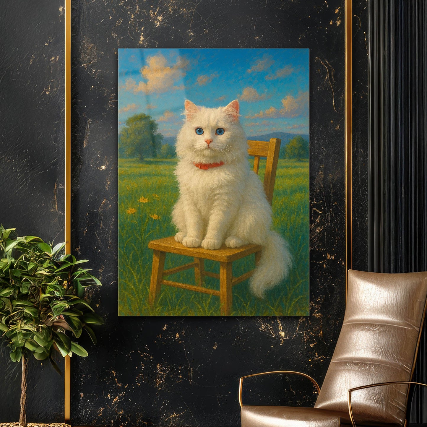 Mavi Gözlü Beyaz Kedi Doğa Cam Tablo