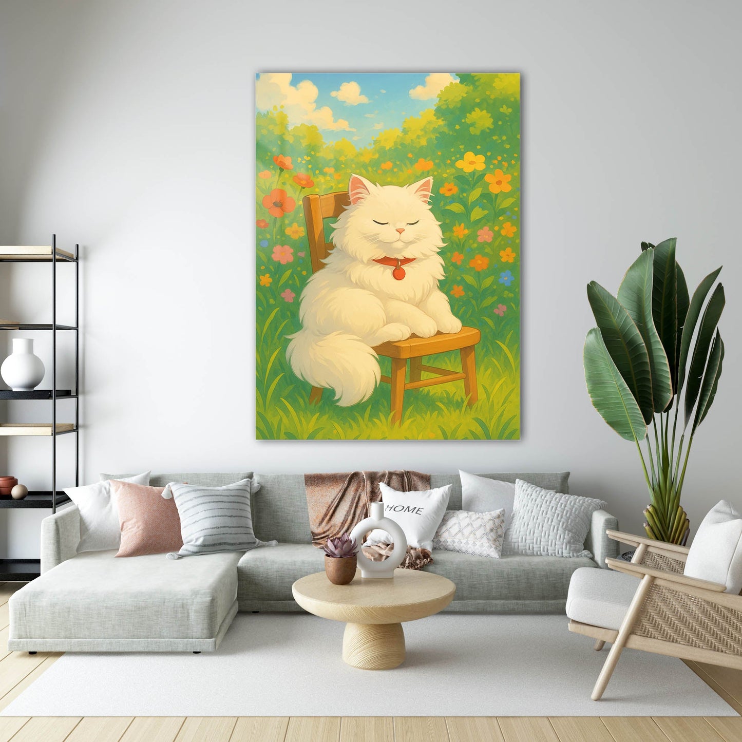 Çiçekler İçinde Beyaz Kedi Cam Tablo