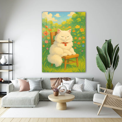 Çiçekler İçinde Beyaz Kedi Cam Tablo