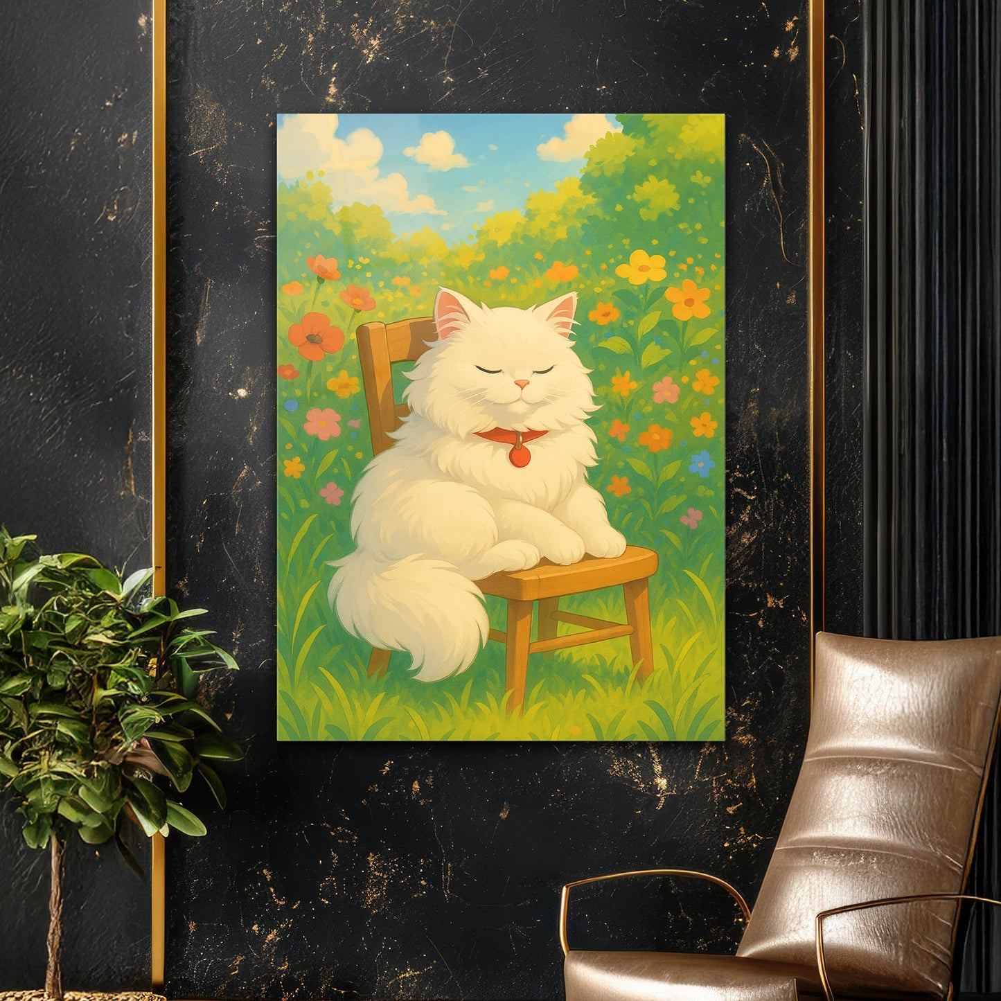 Çiçekler İçinde Beyaz Kedi Cam Tablo