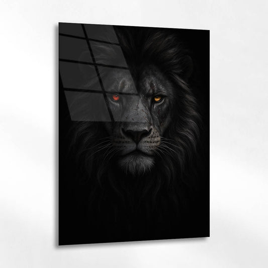 Karanlık Aslan Kırmızı Göz Cam Tablo
