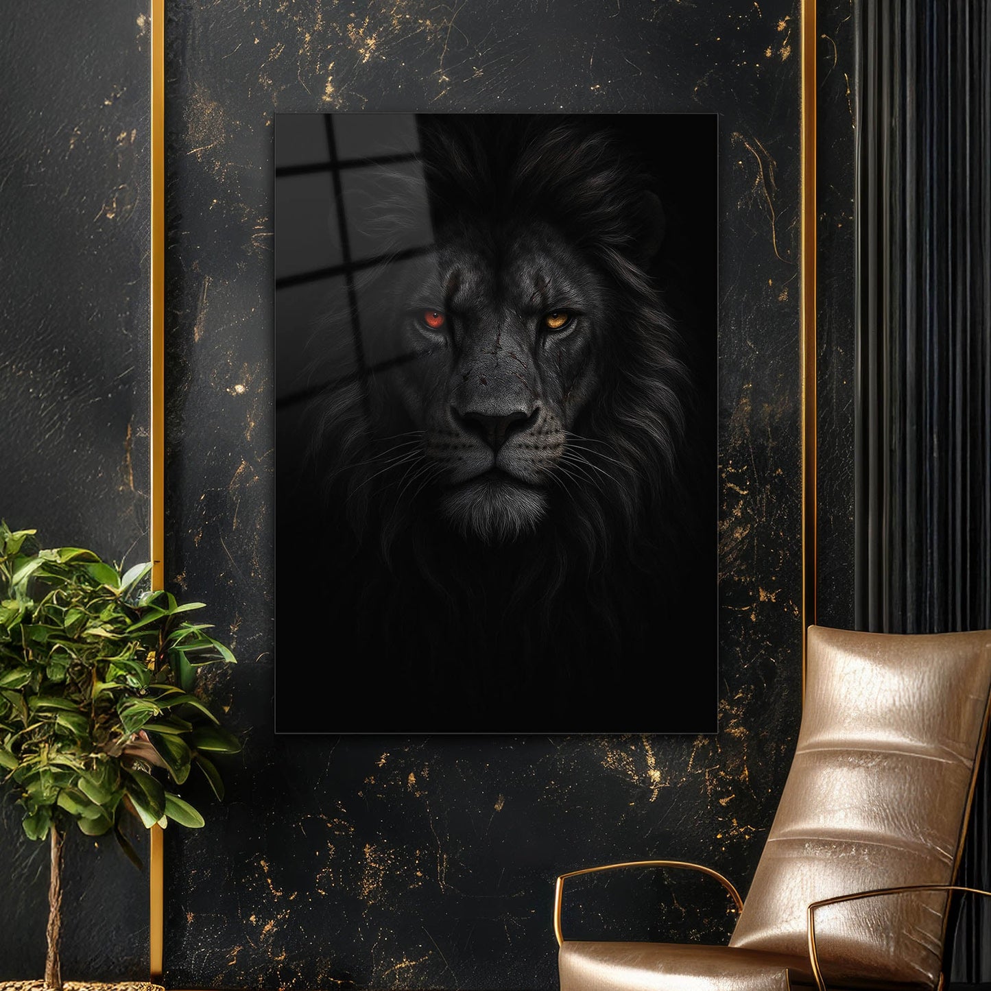 Karanlık Aslan Kırmızı Göz Cam Tablo