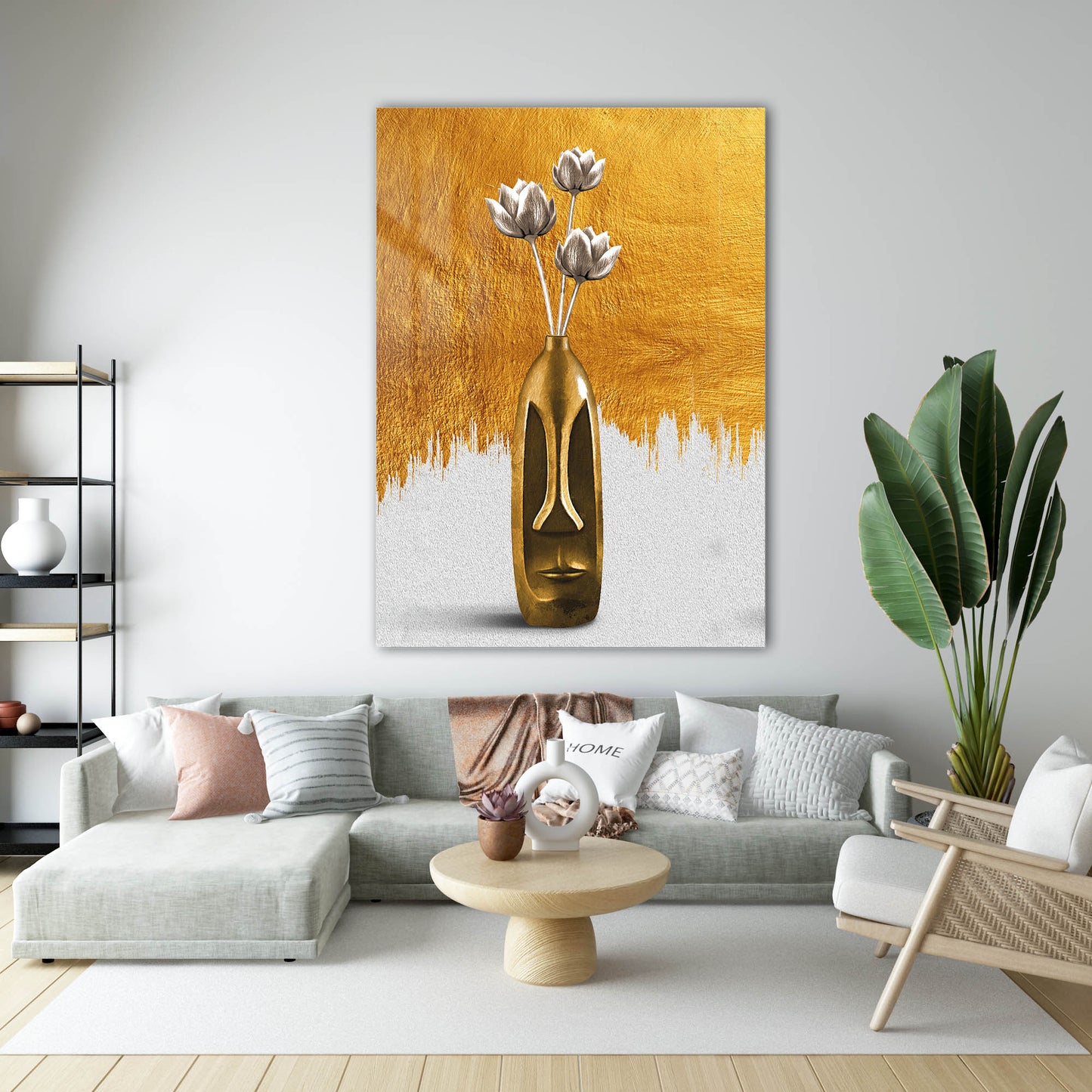 Altın Mask Vazolu Beyaz Çiçekli Cam Tablo