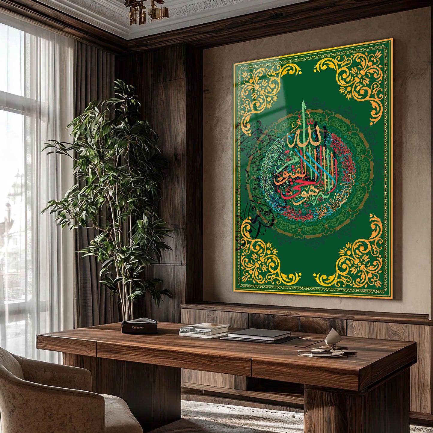 Ayetel Kürsi Yeşil Osmanlı Desenli Cam Tablo
