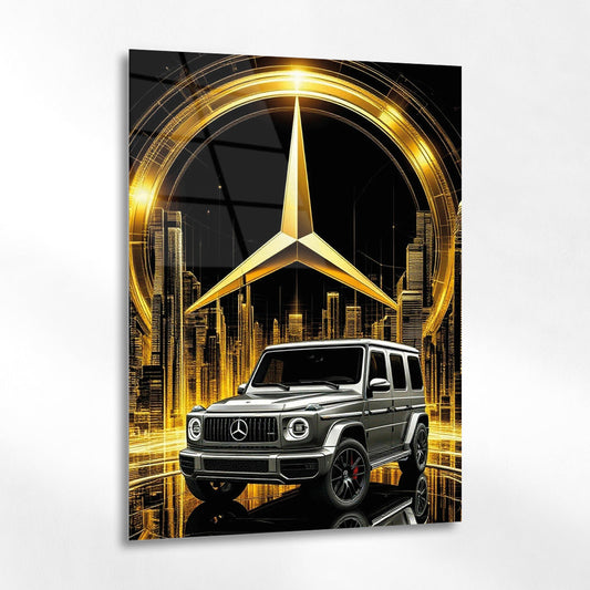 Mercedes-Benz G Serisi Cam Tablo – Altın Logo ve Şehir Sahnesi