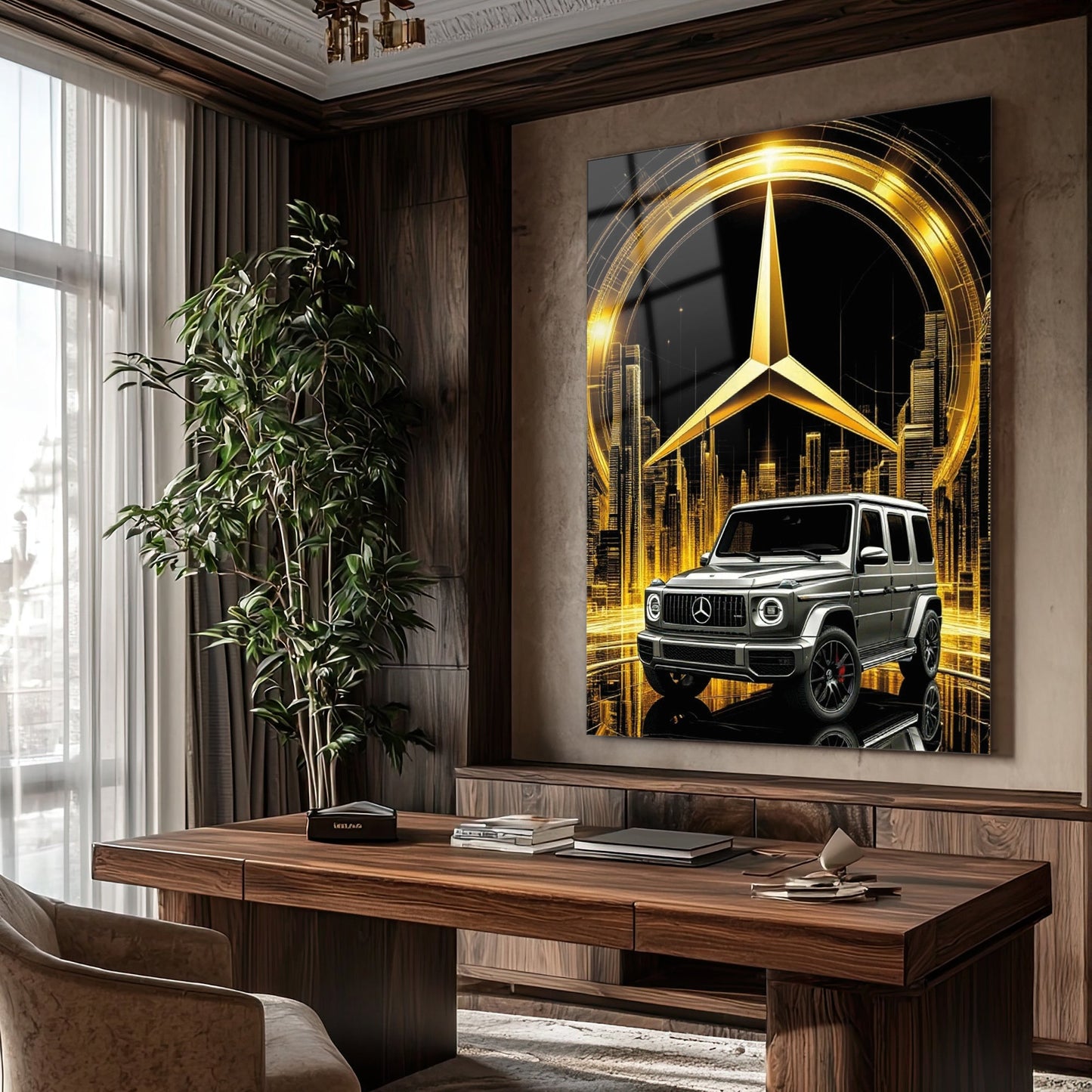Mercedes-Benz G Serisi Cam Tablo – Altın Logo ve Şehir Sahnesi