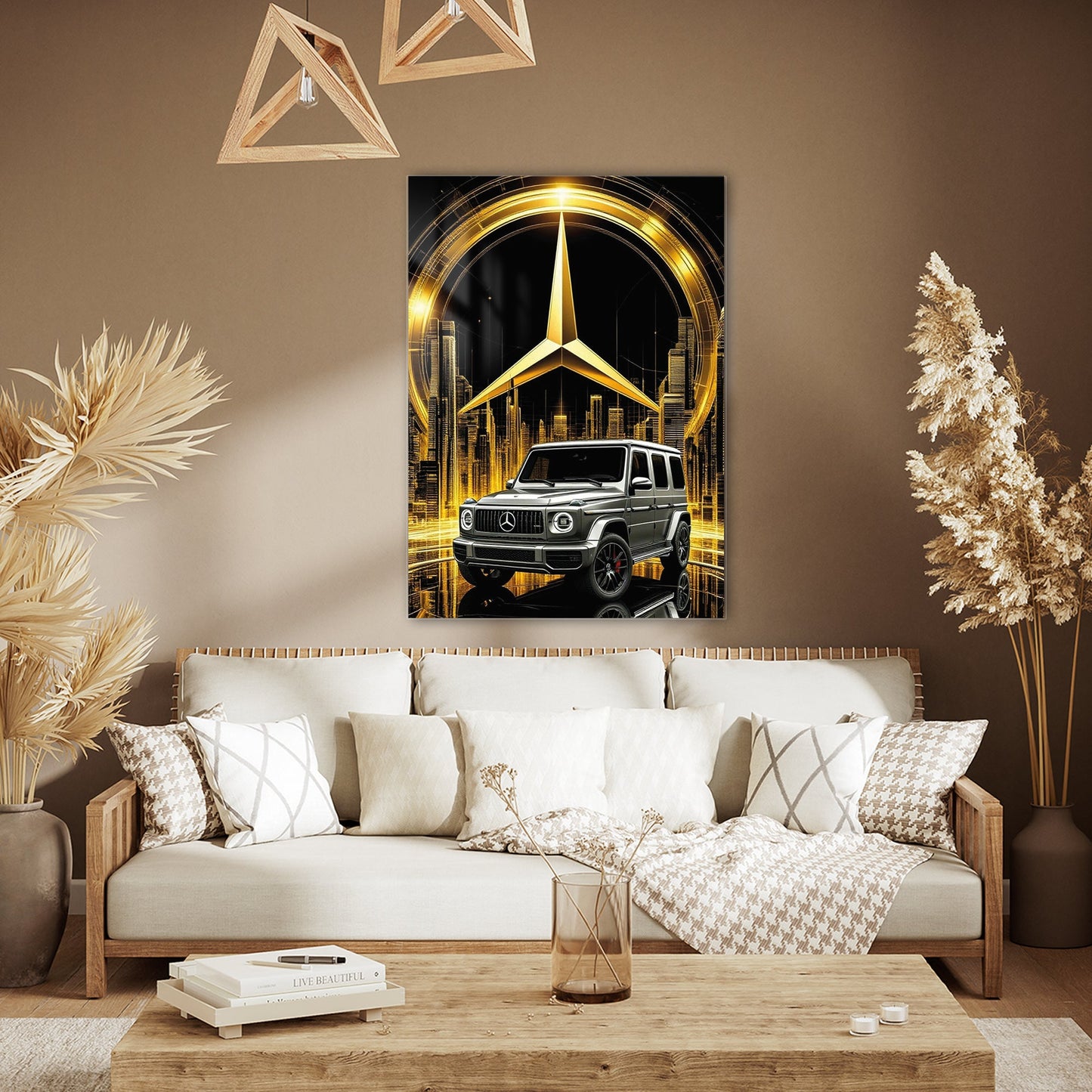 Mercedes-Benz G Serisi Cam Tablo – Altın Logo ve Şehir Sahnesi