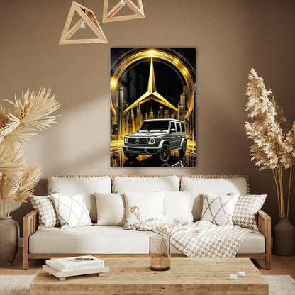 Mercedes-Benz G Serisi Cam Tablo – Altın Logo ve Şehir Sahnesi