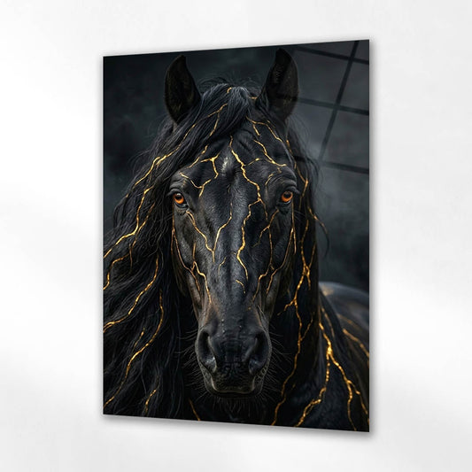 Siyah At Ön Cephe Altın Damar Cam Tablo