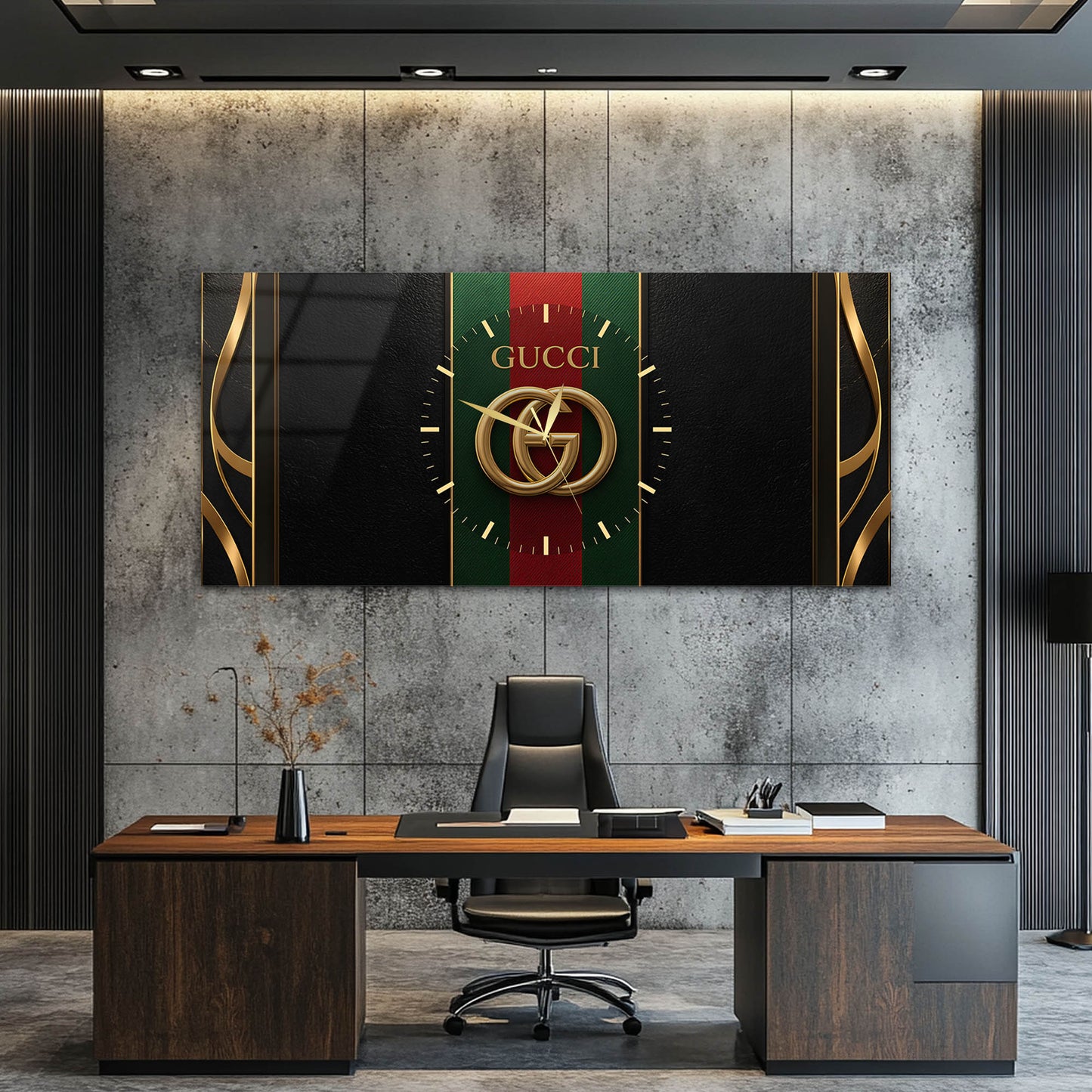 Guccii Şeritli Lüks Cam Tablo Saat