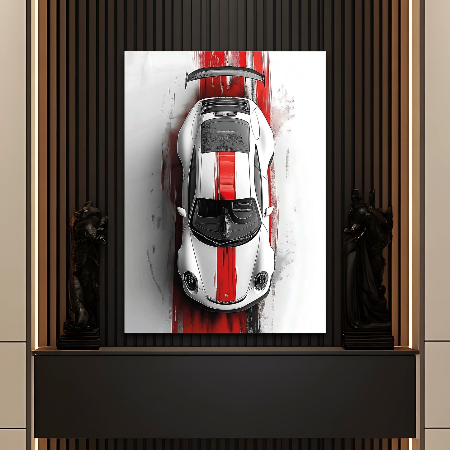 Ferrari Cam Tablo – Üstten Görünüm Kırmızı Şeritli Spor Araba