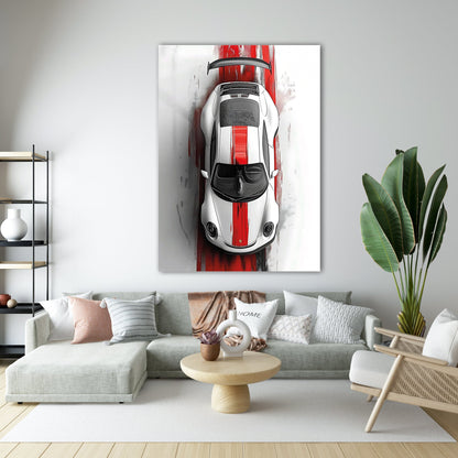 Ferrari Cam Tablo – Üstten Görünüm Kırmızı Şeritli Spor Araba