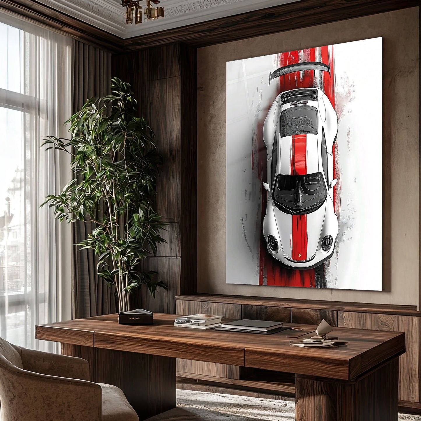 Ferrari Cam Tablo – Üstten Görünüm Kırmızı Şeritli Spor Araba