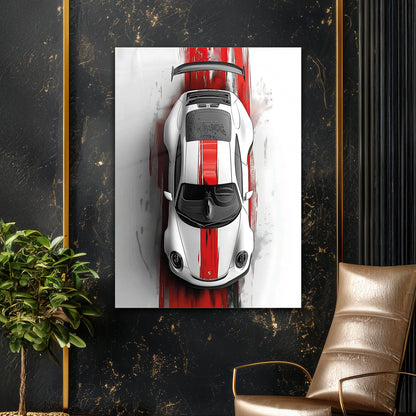 Ferrari Cam Tablo – Üstten Görünüm Kırmızı Şeritli Spor Araba