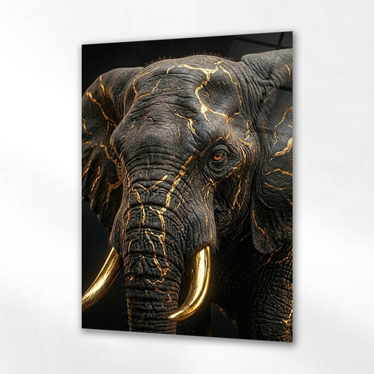 Siyah Fil Altın Damarlı Lüks Cam Tablo