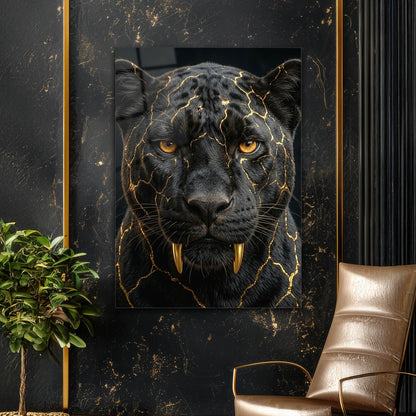 Siyah Panter Altın Çatlak Desenli Cam Tablo