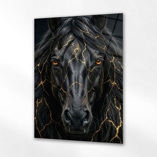 Siyah At Altın Damar Portre Cam Tablo