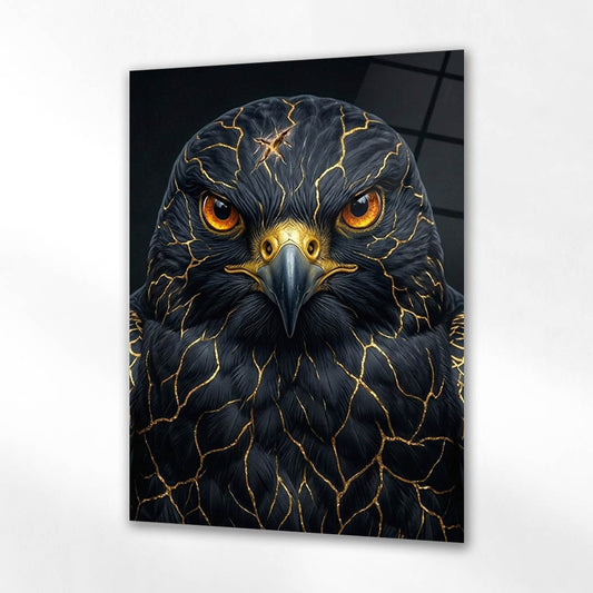 Siyah Kartal Altın Çatlak Portre Cam Tablo