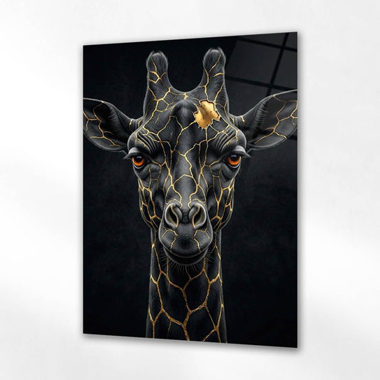 Siyah Zürafa Altın Çatlak Desenli Cam Tablo