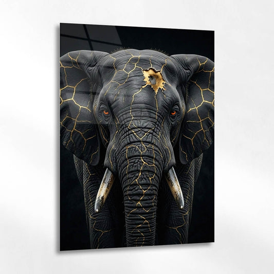 Siyah Fil Altın Çatlak Portre Cam Tablo