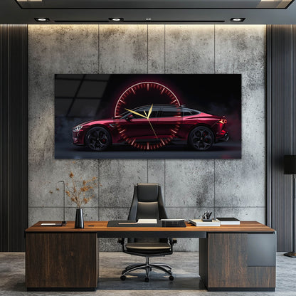 Kırmızı Spor Araba Modern Cam Tablo Saat