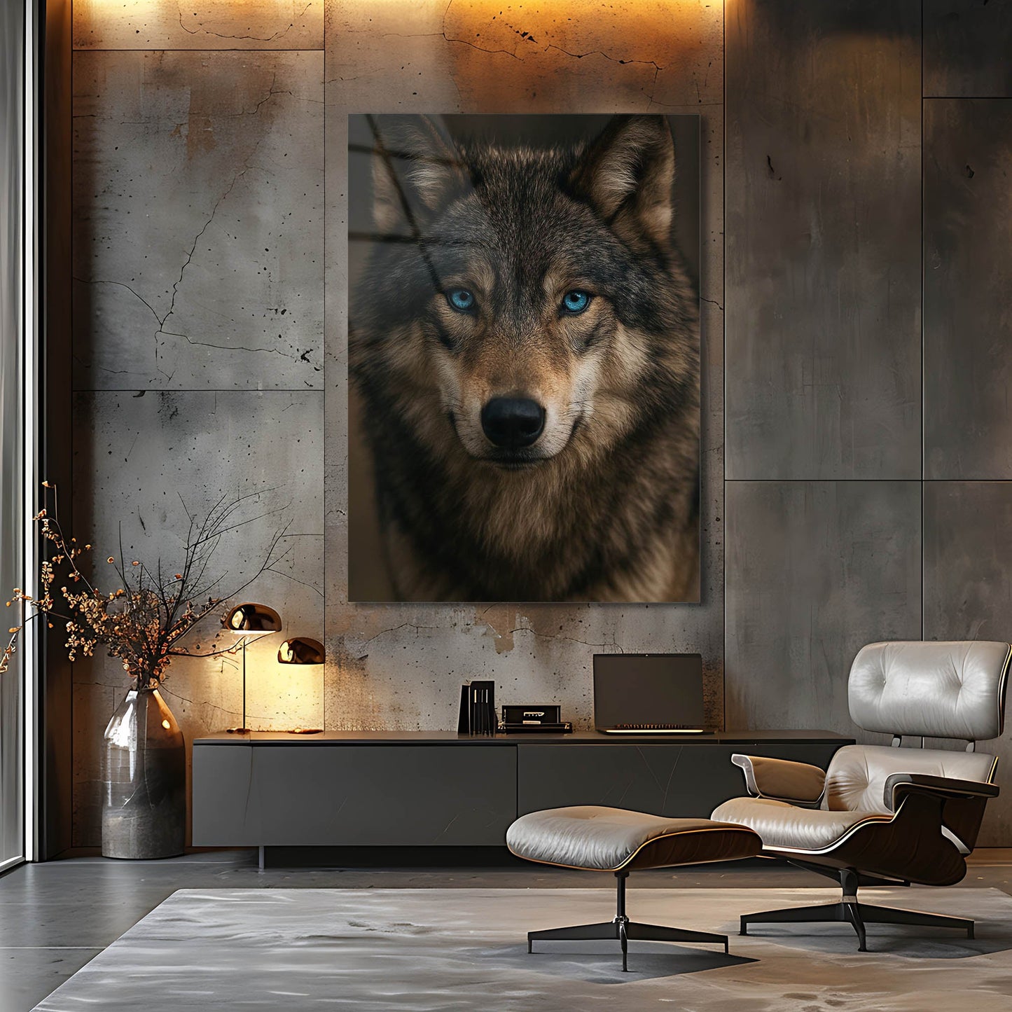 Mavi Gözlü Kurt Karanlık Portre Cam Tablo