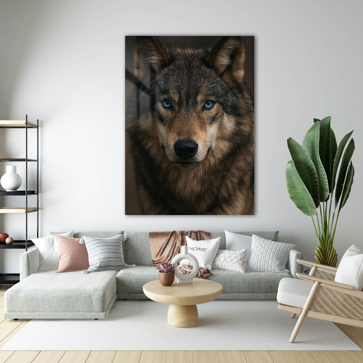 Mavi Gözlü Kurt Karanlık Portre Cam Tablo