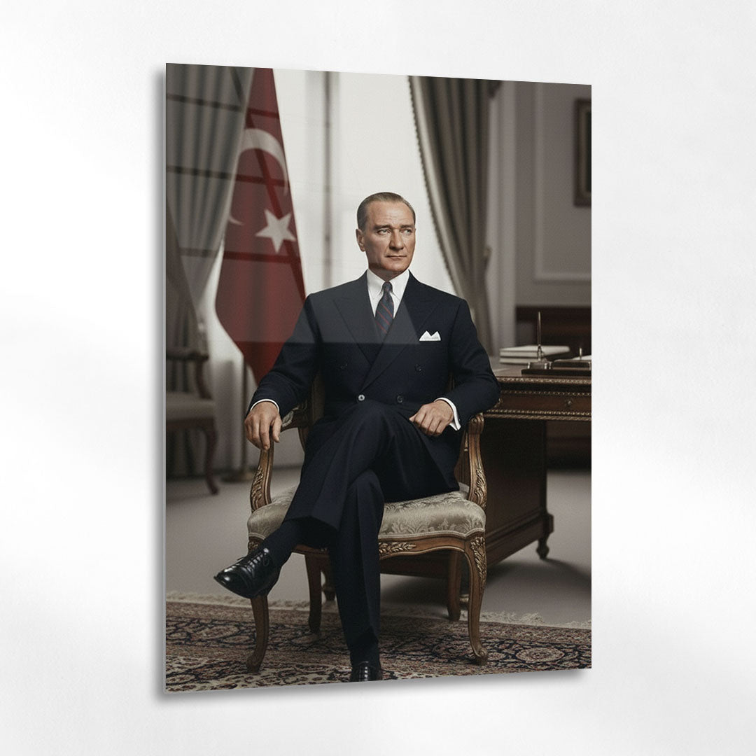 Atatürk Makam Odası Oturan Resmi Portre Cam Tablo