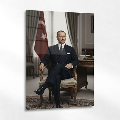 Atatürk Makam Odası Oturan Resmi Portre Cam Tablo