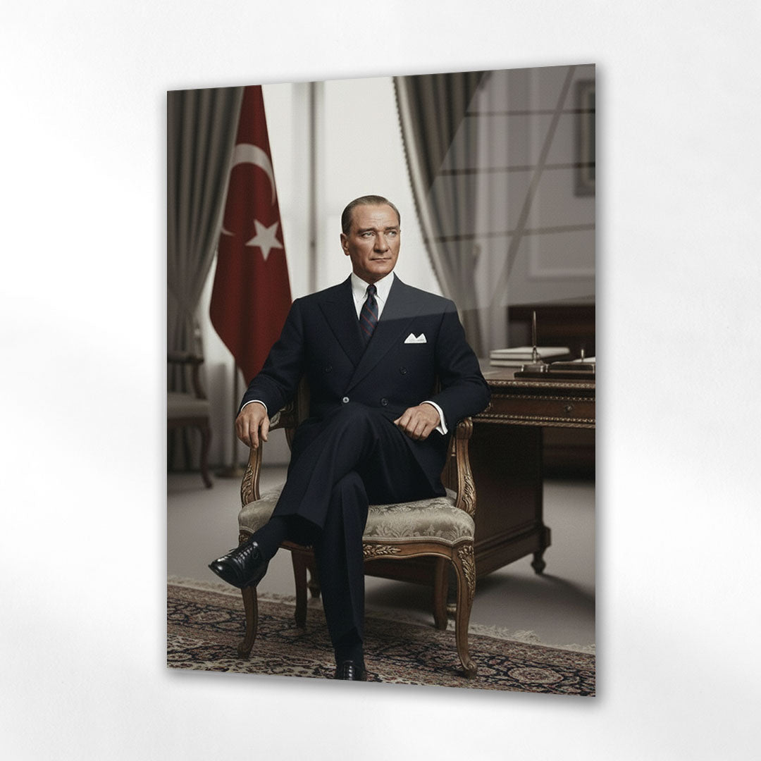 Atatürk Makam Odası Oturan Resmi Portre Cam Tablo