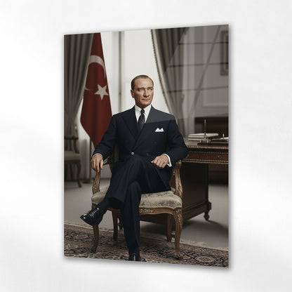 Atatürk Makam Odası Oturan Resmi Portre Cam Tablo