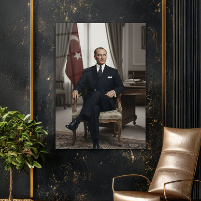 Atatürk Makam Odası Oturan Resmi Portre Cam Tablo