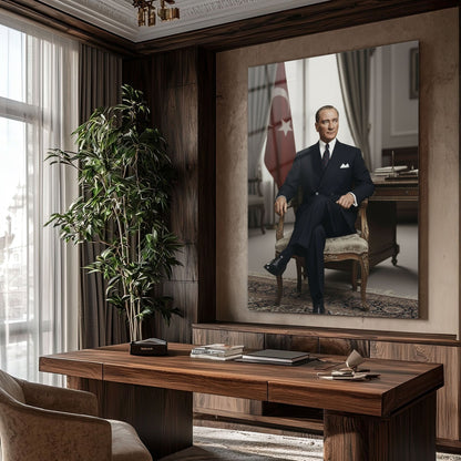 Atatürk Makam Odası Oturan Resmi Portre Cam Tablo
