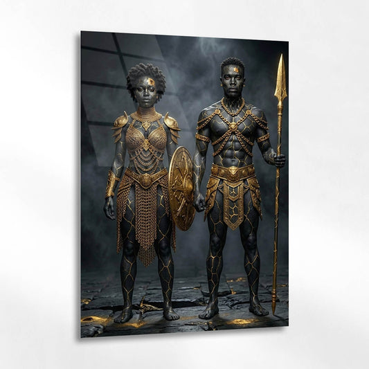 Afrika Savaşçı Çift Altın Zırh Cam Tablo