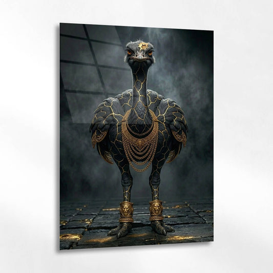 Siyah Devekuşu Altın Damarlı Cam Tablo