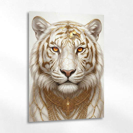 Beyaz Kaplan Altın Desenli Portre Cam Tablo